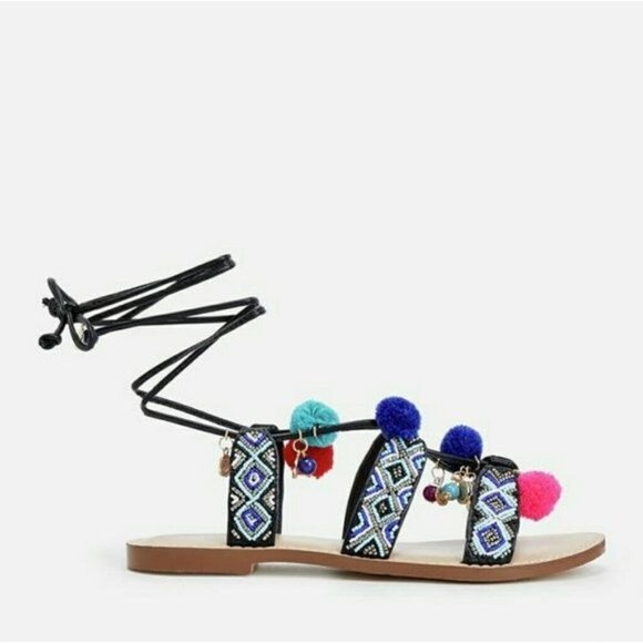 7.5 8.5 10 11 beaded lace-up pompom sandals - Picture 6 of 6